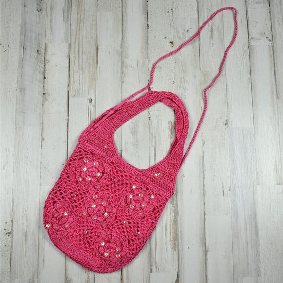 Y2K style small dark pink floral sequin crochet purse handbag hobo coquette boho - Picture 4 of 7